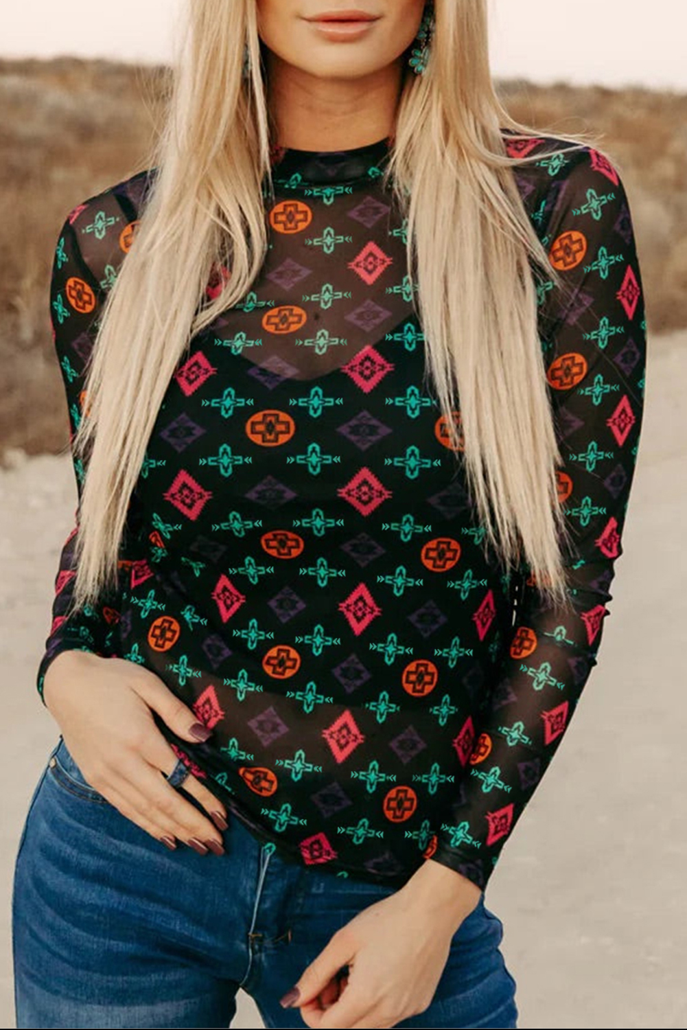 US$ 7.31 - Black Western Aztec Printed Long Sleeve Mesh Top