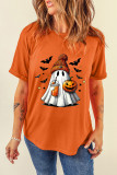 Orange Playful Halloween Ghost Pumpkin Print Womens Casual Tee