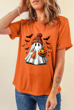 Orange Playful Halloween Ghost Pumpkin Print Womens Casual Tee