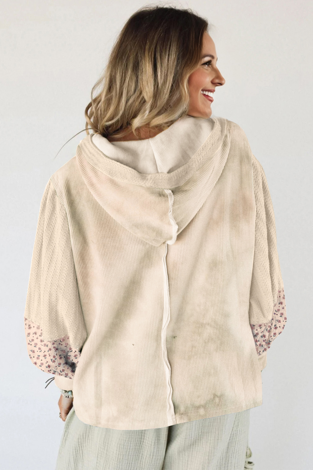 US$ 24.73 - Beige Floral Patched Waffle Textured Colorblock