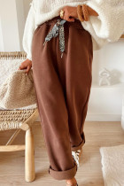Coffee Fleece Lined Leopard Drawstring Elastic Waist Solid Pants