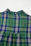Green Plaid Print Frilly Collar Long Sleeve Shift Mini Dress