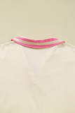Pink Stripe Contrast Polo Collar Drop Shoulder Patchwork Plus Size Pullover