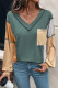 Four Leaf Clover Exposed Stitching Colorblock V Neck Long Sleeve Top