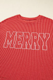 Fiery Red Twisted Rib Outlined Merry Letter Graphic Loose Long Sleeve Top