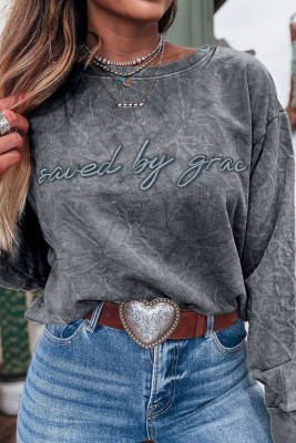 High-rise saved by grace Letter Embroidery Mineral Wash Loose Sweatshirt