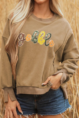 Dark Khaki gobble Sequin Graphic Exposed Seam Fleece Sweatshirt