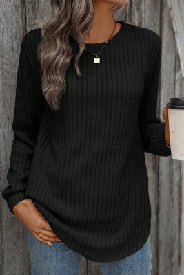 Black Ribbed Texture Round Neck Long Sleeve Rounded Hem Knit Top