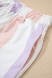 Purple Stripe Multicolored Print Drawstring Loose Pants with Side Pockets