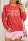 Fiery Red Twisted Rib Outlined Merry Letter Graphic Loose Long Sleeve Top