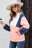 Pink Colorblock Patchwork Half Button Baggy Sweatshirt