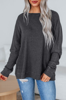 Dark Grey Waffle Knit Patchwork Long Sleeve Loose Top