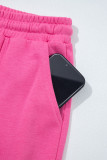 Bright Pink Raw Edge Half Buttons Pullover and Jogger Pants Set