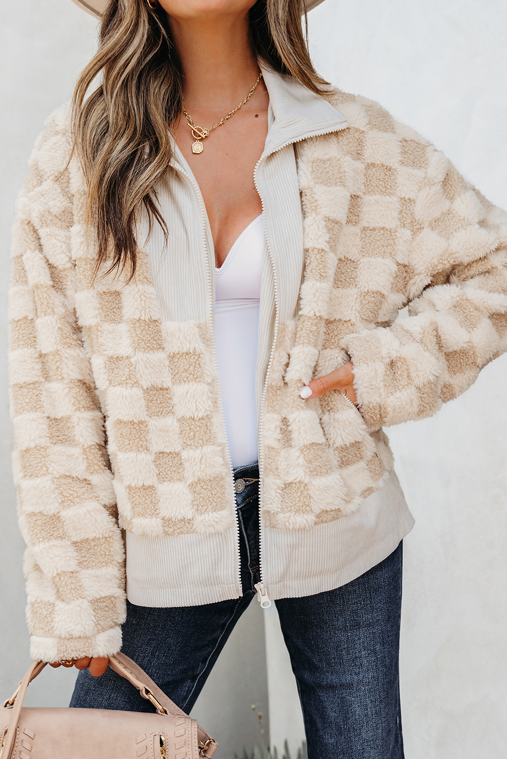 US$ 31.62 - Khaki Checker Sherpa Corduroy Patchwork Zip up