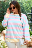 Sky Blue Stripe Drop Shoulder Crewneck Plus Size Sweatshirt