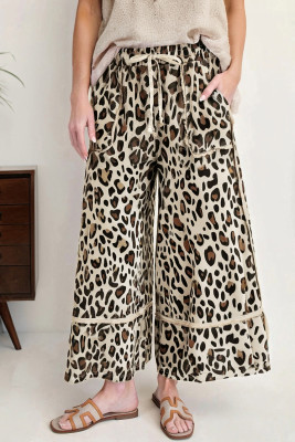Khaki Leopard Wide Leg Cropped Pants