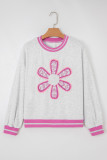 Gray Flower Patch Contrast Trim Crew Neck Sweatshirt
