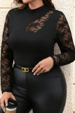Black Plus Size Lace Patchwork Asymmetric Cutout Sheer Long Sleeve Top