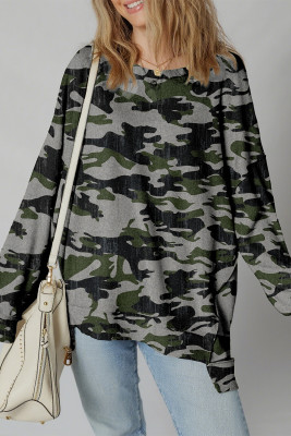 Green Retro Camouflage Print Exposed Seam Patchwork Drop Shoulder Sweatshirt