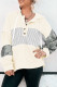 White Waffle Printed Patchwork Drawstring Hooded Long Sleeve Top