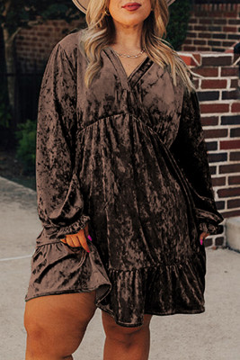 Coffee Plus Size Velvet Babydoll Mini Dress with Puff Sleeve