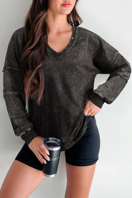 Carbon Grey Mineral Wash Exposed Seam Buttoned V Neck Pullover Top