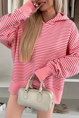 Rose Stripe Thumbhole Side Slits Drop Shoulder Loose Fit Hoodie