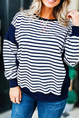 Blue Stripe Contrast Stitched Detail Color Block Patchwork Plus Size Sweatshirt
