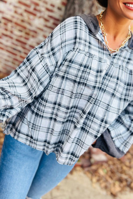 Gray Plaid Patchwork Long Sleeve Button Hooded Blouse