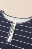 Navy Blue Striped Color Block Buttoned Waffle Knit Shirt