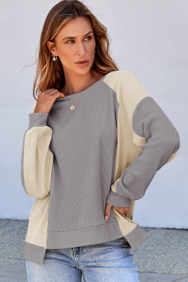 Medium Grey Color Block Waffle High Low Raglan Sleeve Sweatshirt