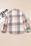 Pink Gray Plaid Color Block Buttoned Long Sleeve Jacket with Pocket