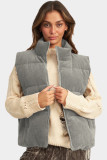 Gray Corduroy Stand Neck Zipped Puffer Vest