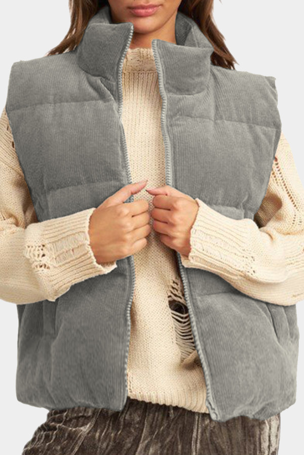Gray Corduroy Stand Neck Zipped Puffer Vest