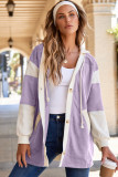 Orchid Petal Waffle Contrast Knit Color Block Patchwork Button Front Oversize Hoodie