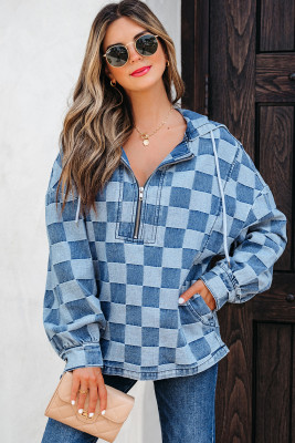 Sky Blue Checkerboard Zipped Neck Kangaroo Pocket Denim Hoodie