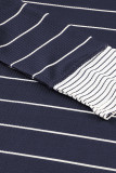 Navy Blue Striped Color Block Buttoned Waffle Knit Shirt