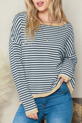 Dark Grey Striped Contrast Trimmed Drop Shoulder Sweater