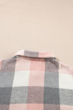 Pink Gray Plaid Color Block Buttoned Long Sleeve Jacket with Pocket