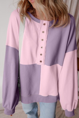 Orchid Petal Colorblock Henley High Low Oversize Sweatshirt