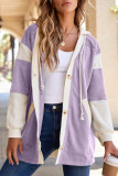 Orchid Petal Waffle Contrast Knit Color Block Patchwork Button Front Oversize Hoodie