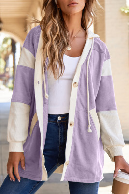 Orchid Petal Waffle Contrast Knit Color Block Patchwork Button Front Oversize Hoodie
