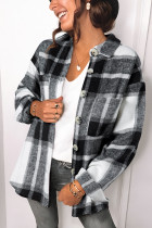 Gray Plaid Color Block Buttoned Long Sleeve Jacket with Pocket