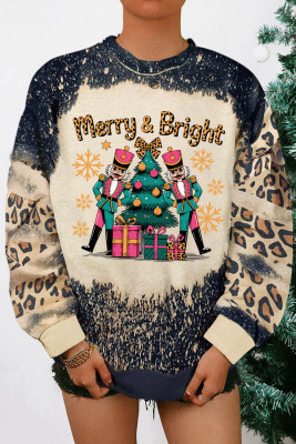 Black Merry&Bright Christmas Nutcracker Printed Leopard Tie Dye Bleached Baggy Sweatshirt