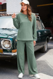 Smoke Green Textured Round Neck Sweatshirt & Loose Drawstring High Waist Pant Set