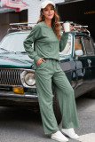 Smoke Green Textured Round Neck Sweatshirt & Loose Drawstring High Waist Pant Set