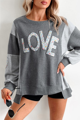 Dark Grey LOVE Graphic Exposed Seam Patchwork Uneven Hem Chic Sweatshirt