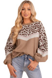 Straw Yellow Leopard Color Block Knit Round Neck Baggy Sweater