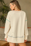 White THANKSGIVING Playful Ribbon Bow Printed Contrast Trim Baggy Sweatshirt