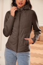 Dark Brown Scuba Sleeve Patchwork Zipped Front Hooded Puffer Jacket